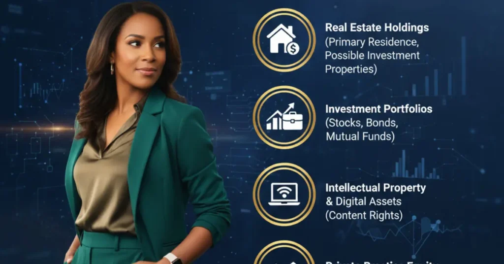 Abstract icons of savings, documents and small investments showing Rebecca Sneed’s likely asset categories
