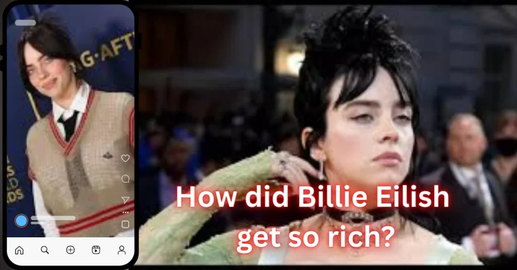 Billie Eilish's net worth performing on stage with millions of fans cheering, symbolizing her success and wealth