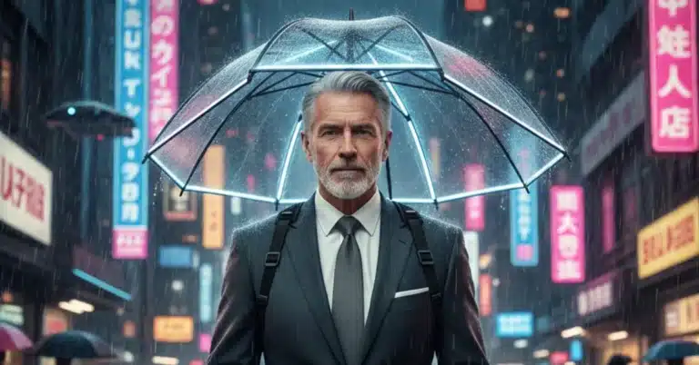 Nubrella Shark Tank Net Worth founder Alan Kaufman showing the Nubrella hands‑free umbrella