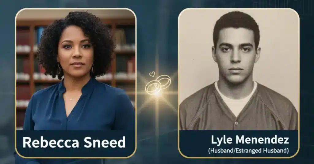 Illustration of wedding rings and a prison gate symbolizing Rebecca Sneed’s 2003 prison marriage to Lyle Menendez and later separation
​

