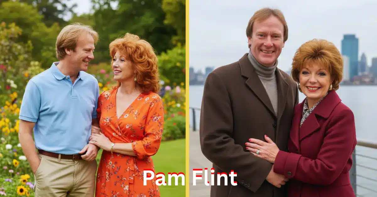 Pam Flint standing beside British actor Dennis Waterman, symbolising their deep later‑life partnership and her strength as a bladder‑cancer survivor.